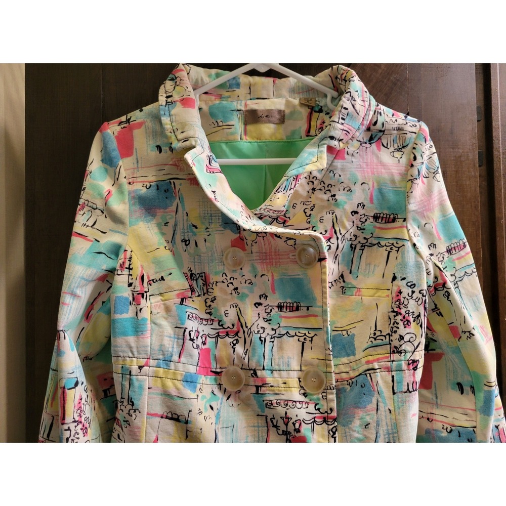 i.e. Womens Abstract Cityscape Print Cotton Trench Coat Pastel Double Breasted S - Picture 2 of 12